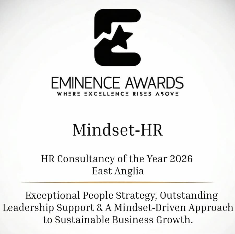 Eminence Awards certificate naming Mindset-HR as HR Consultancy of the Year 2026 for East Anglia