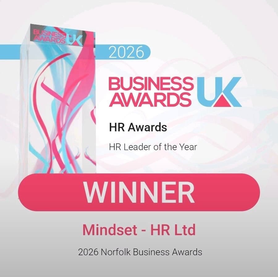 Business Awards UK 2026 HR Awards certificate naming Mindset - HR Ltd winner of HR Leader of the Year at the 2026 Norfolk Business Awards