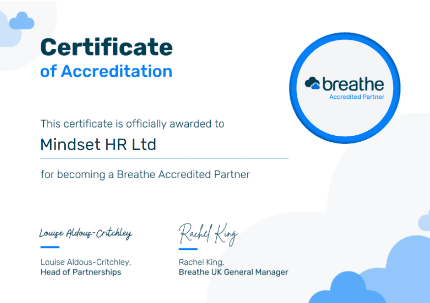 Certificate of accreditation awarded to Mindset HR Ltd for becoming a Breathe Accredited Partner